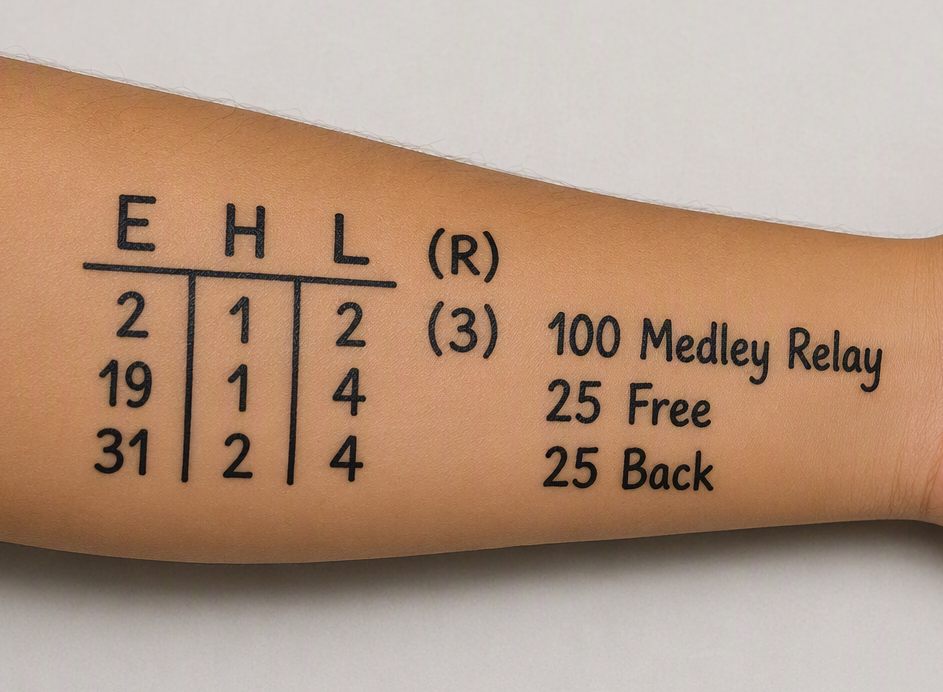 Example swimmer arm marked with Event, Heat, and Lane columns and the distance and stroke for each race